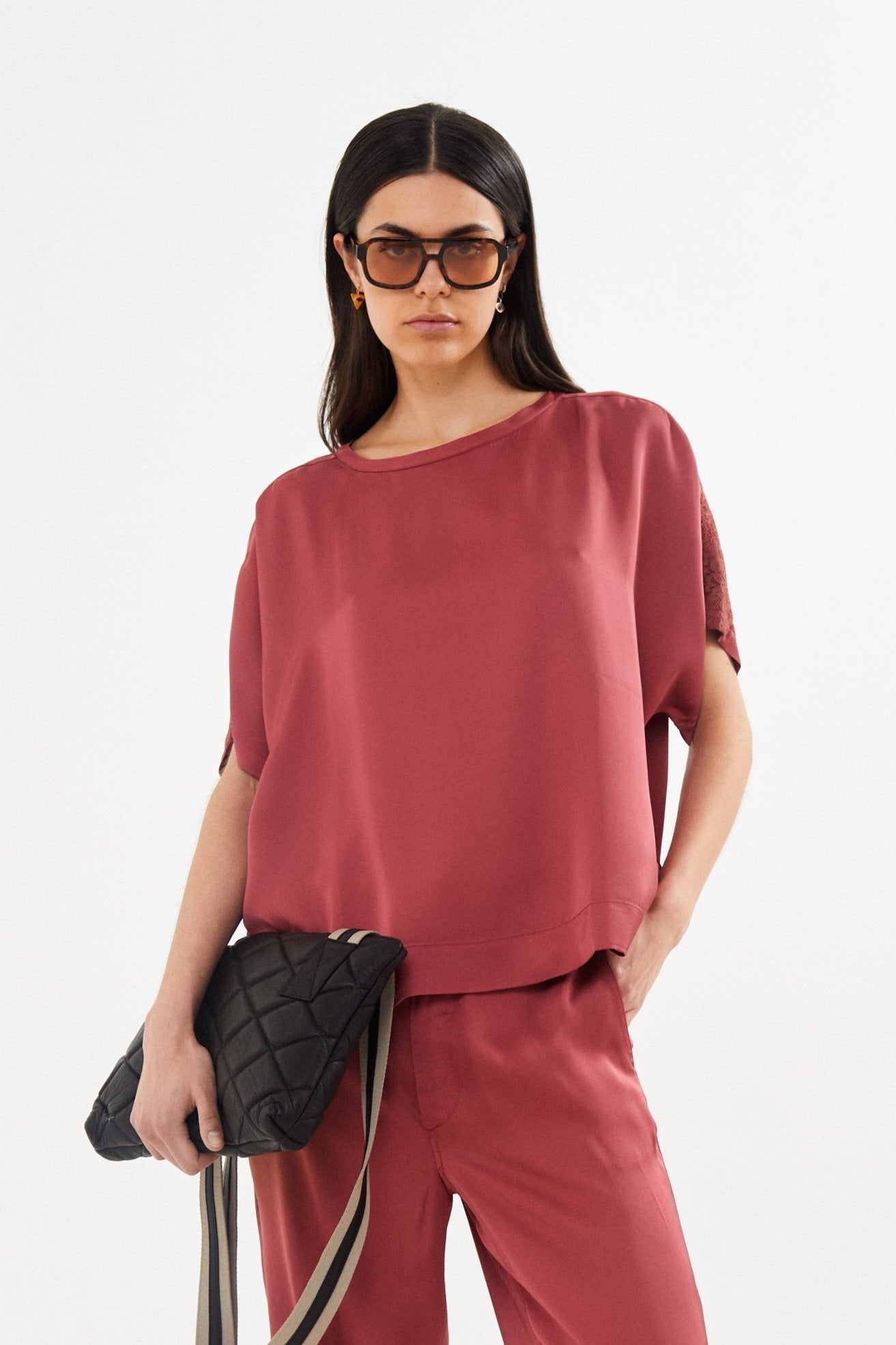 Serena Solid lacey blouse - Burgundy